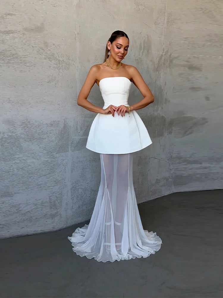 Elegant Lace Long Skirt Set Women Strapless Tube Top Short Dress Floor-Length Mermaid Skirts 2025 Summer Lady Party 2 Pieces Set