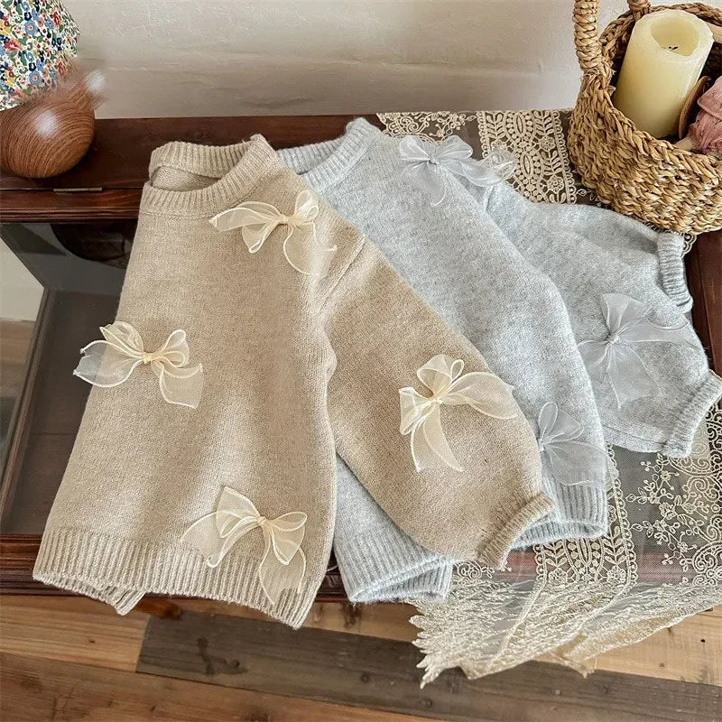 1-10Y Korean Children Clothing Autumn New Girl Baby Toddler Solid Bow Sweaters Winter Fashion Sweet Kid Princess Knitted Sweater