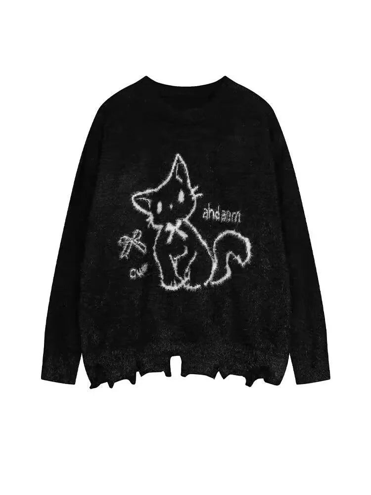 Winter American New Green Bow Neck Sweater Women Loose Print Pattern Vintage High Street Lazy Wind Knitted Sweater