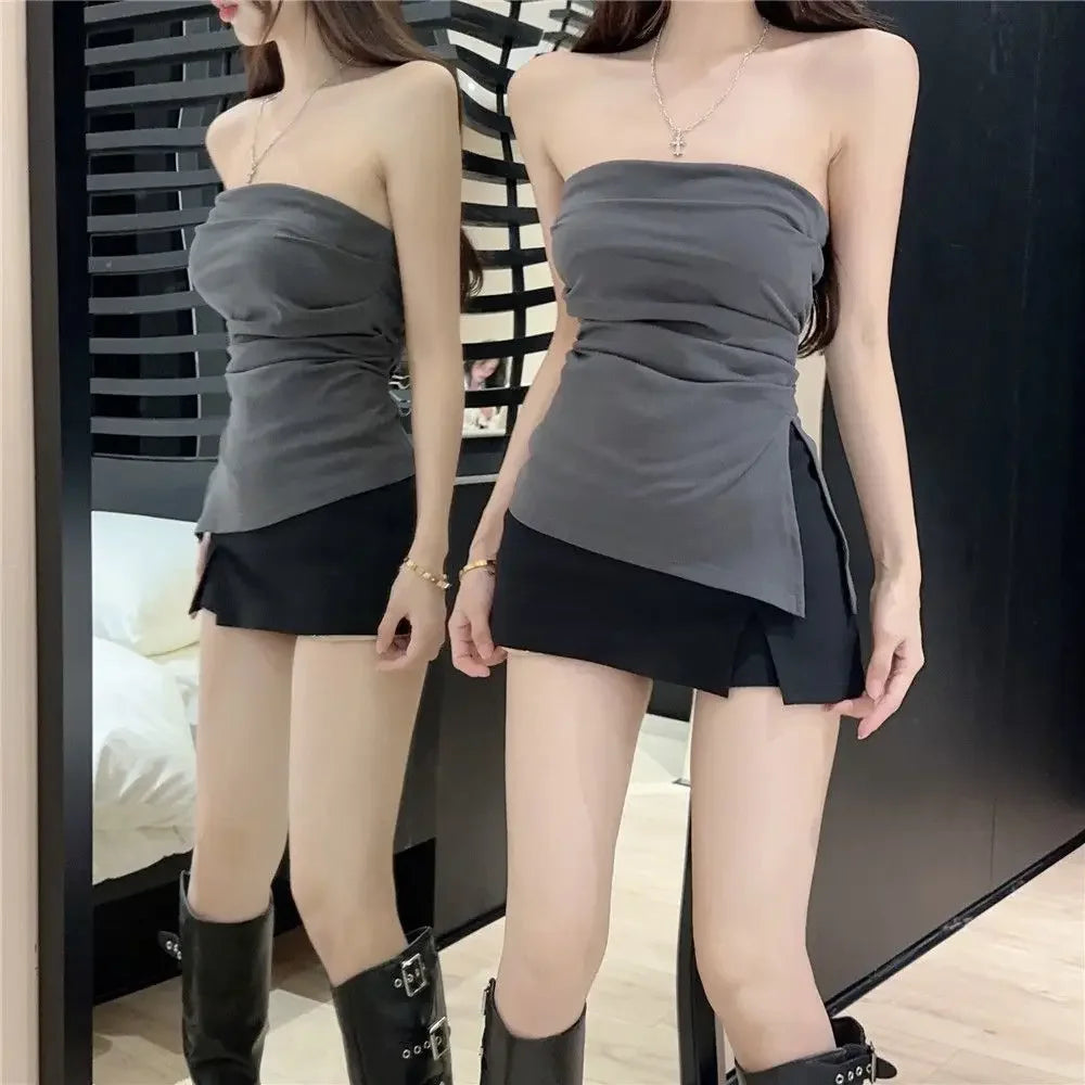 Sexy Open-Back Strapless Sleeveless T-Shirt Women's Spring Autumn Slimming Grey Top Cropped Outer Wear Base Wrap Chest