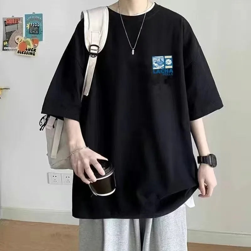 8XL Korean Loose Fitting T-shirt Fashion American Japanese Fuji Printed T-shirt with Soft Men Versatile Double Outfi