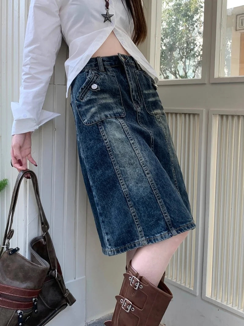 American Retro Distred Denim  Skirt Women plus Size Loose Slimming A-Line Midi Skirt Spring Summer New Sle