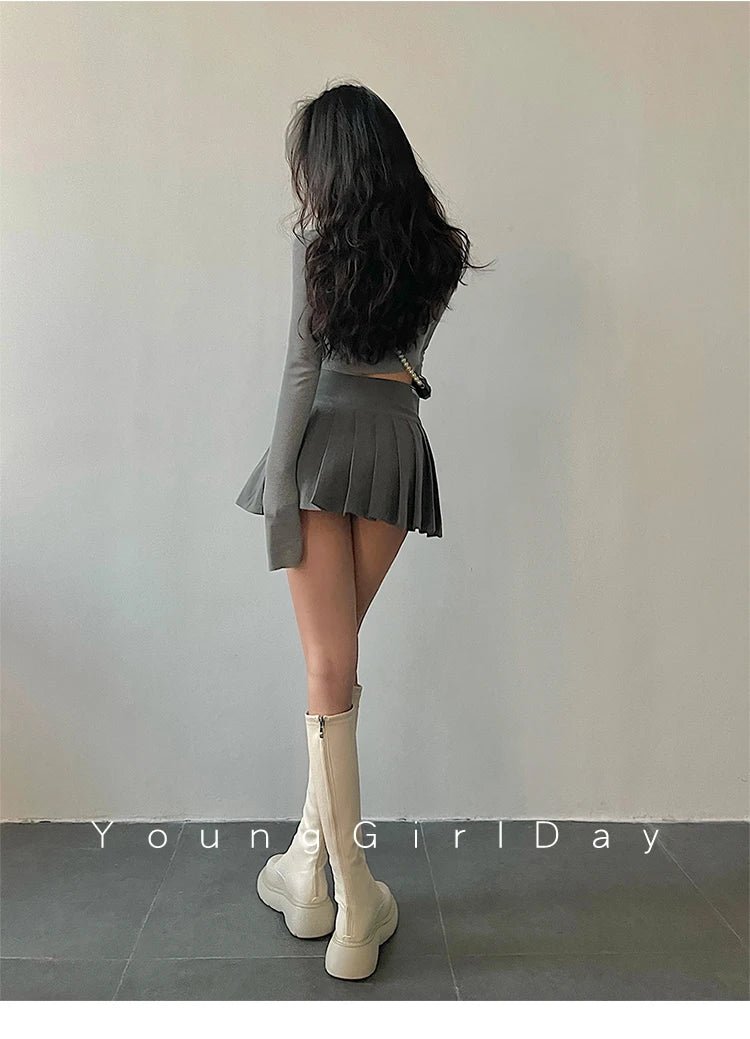 HOUZHOU Sexy Pleated Mini Skirt Women Fashion 2024 Grey Side Split High Waist A-line Slim Short Skirts Korean Y2K Skort Preppy