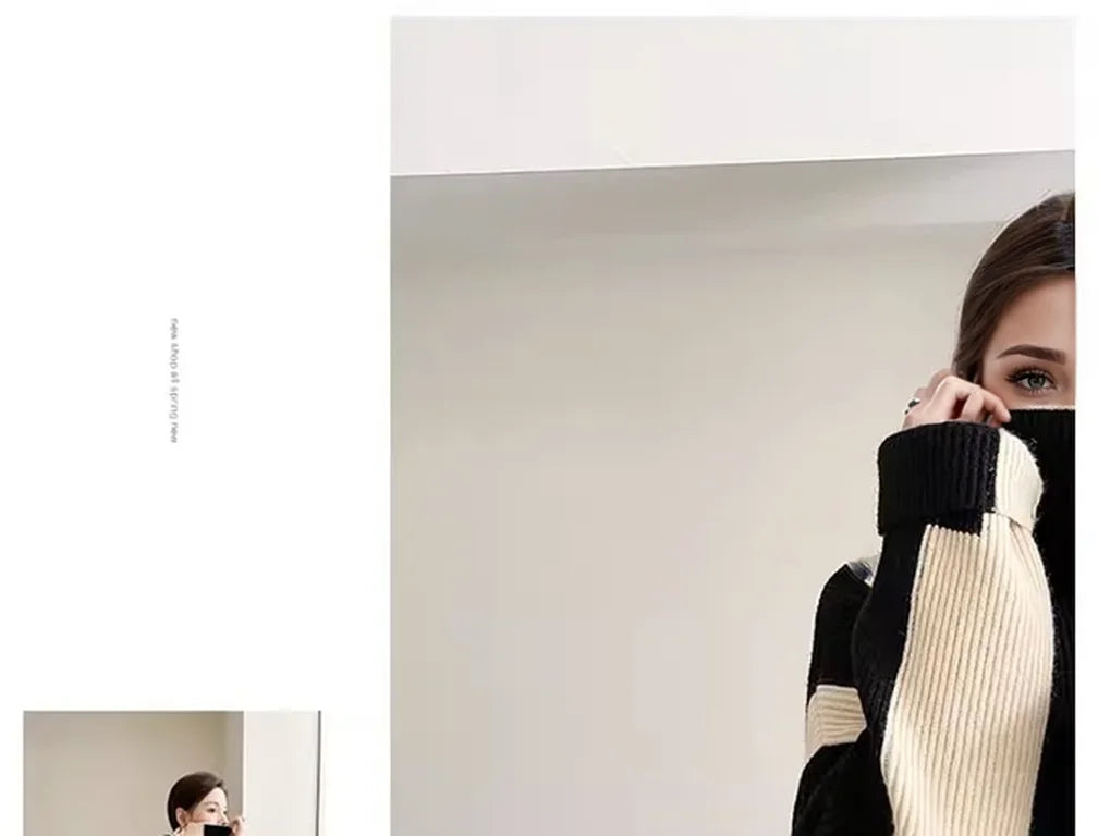 High-crowned Lazy Style Black White Stripe Wool Coat Women Autumn Winter Outdoor Warm Soft Cover Knitted Top Thick