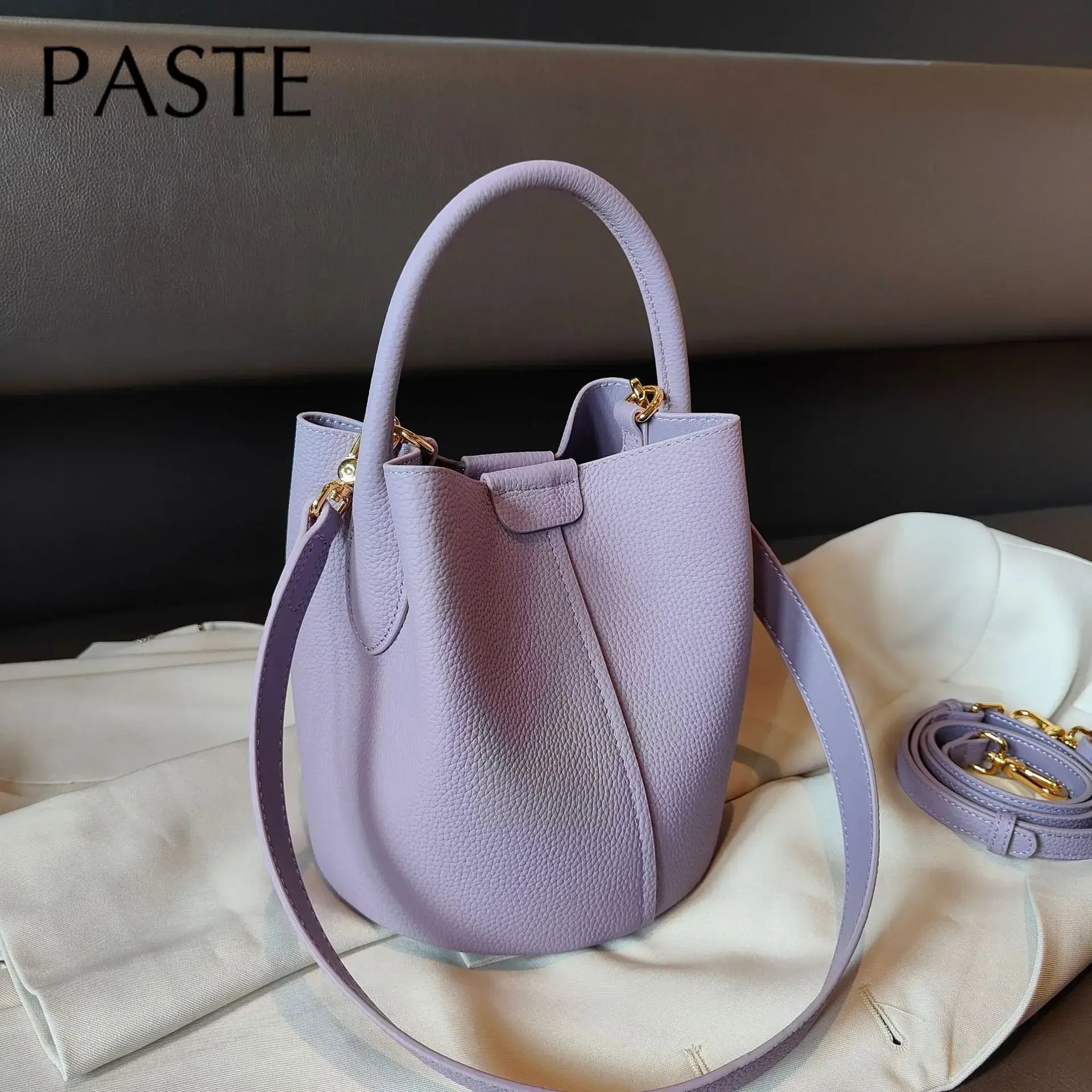 Noble Lavender Purple Round Bucket Tote Small Elegant Cowhide Leather Women's Shoulder Crossbody Bag Fashion Ladies Hand Bag
