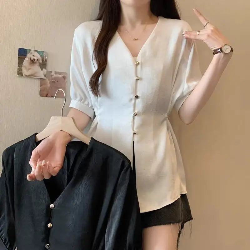 Women Clothes Summer Fashion Korean Button Solid Color V-neck Puff Sleeve Female Simplicity Elegant Temperament Short Sleeve Top