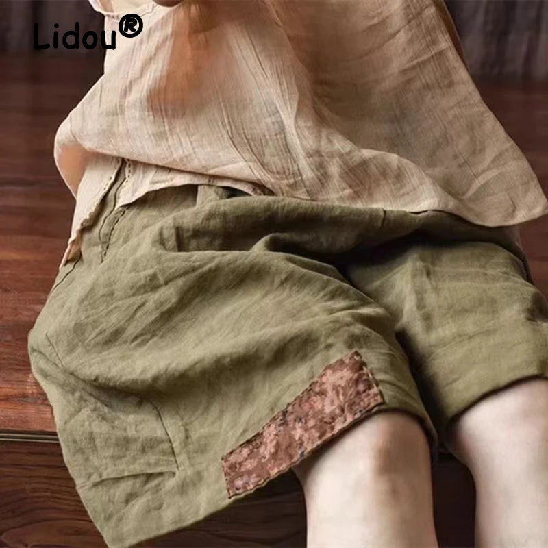Women Retro Ethnic Style Patch Oversize Cotton Linen Short Pants Summer Female Casual High Waist Beach Shorts Pantalones Cortos