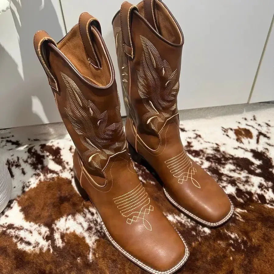 Fall Women Mid-calf Boots 2025 Vintage Leather-covered Brown Western Cowboy Boots Embroidered Chunky Heel Thigh-high Knight Boot