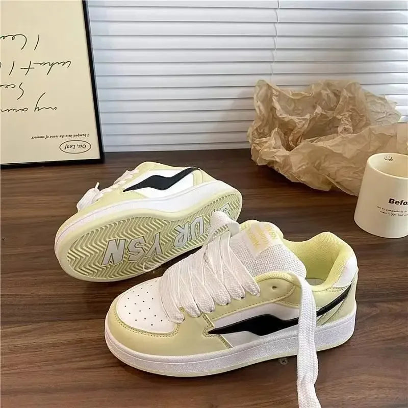 Spring New Women's Bread Shoe Pastel Yellow Color Block Student Casual Shoes Rubber Sole Comfortable Versatile Flat Footwear