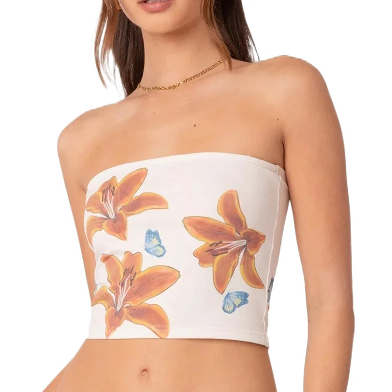 Y2K Aesthetic Women Floral Bow Print Tube Top Fairy Grunge Sleeveless Off Shoulder Wrap Chest Tank Top Mini Chic Vest Streetwear