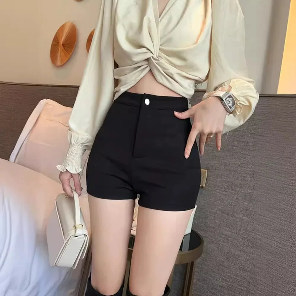 Black High-waisted Shorts Women's Outer Wear Spring Summer New Style Tight Elastic Hip Covering Sexy Casual Trendy