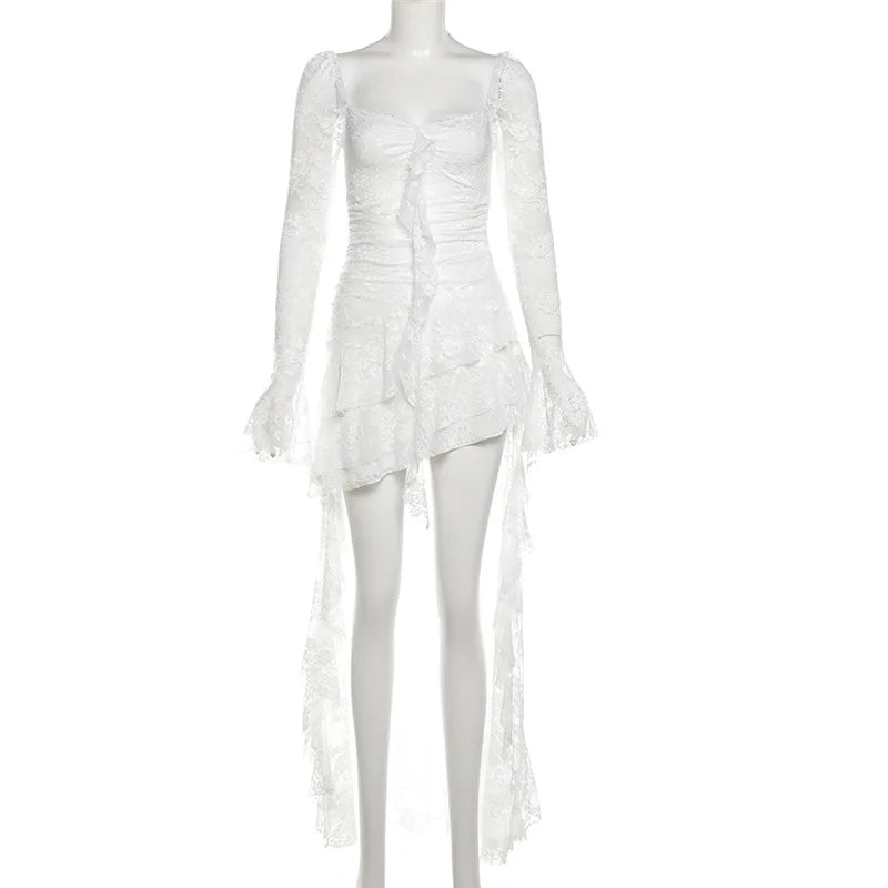 AltGoth Mall Goth Fairycore Dress Women Vintage Aesthetic Elegant Sweet Sexy See Through Irregular Hem High Waist Corset Dress