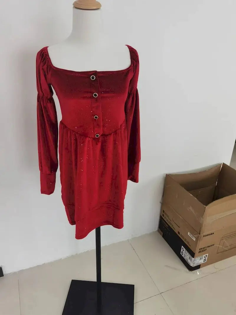 Women's Slim Fit A-line Velvet Dress, Christmas Clothes, Square Collar, Long-sleeved, Red, Sweet, Hot Girl, Autumn Winter