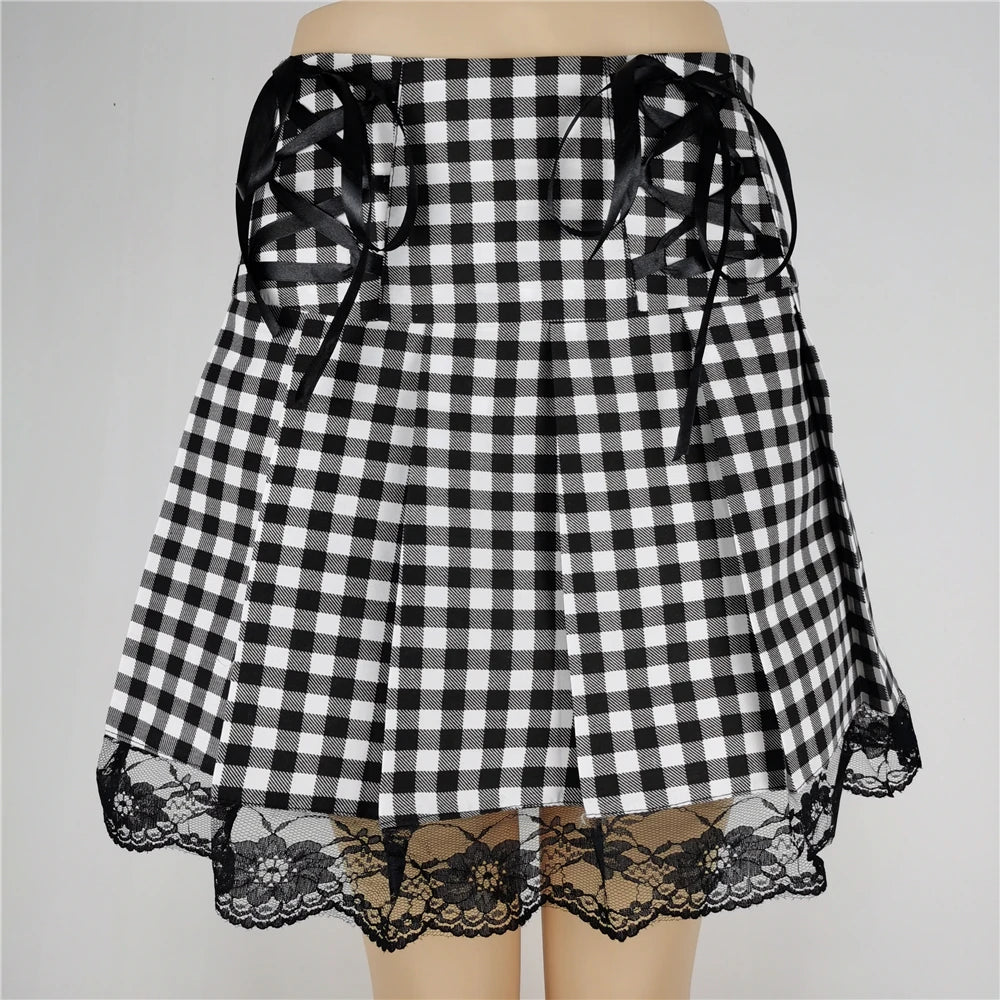 FICHOR Mall Goth Gothic Lace Ruffle Mini Skirts Womens Harajuku Fairy Grunge Pink Plaid Pleated Skirt Japanese Lolita Streetwear