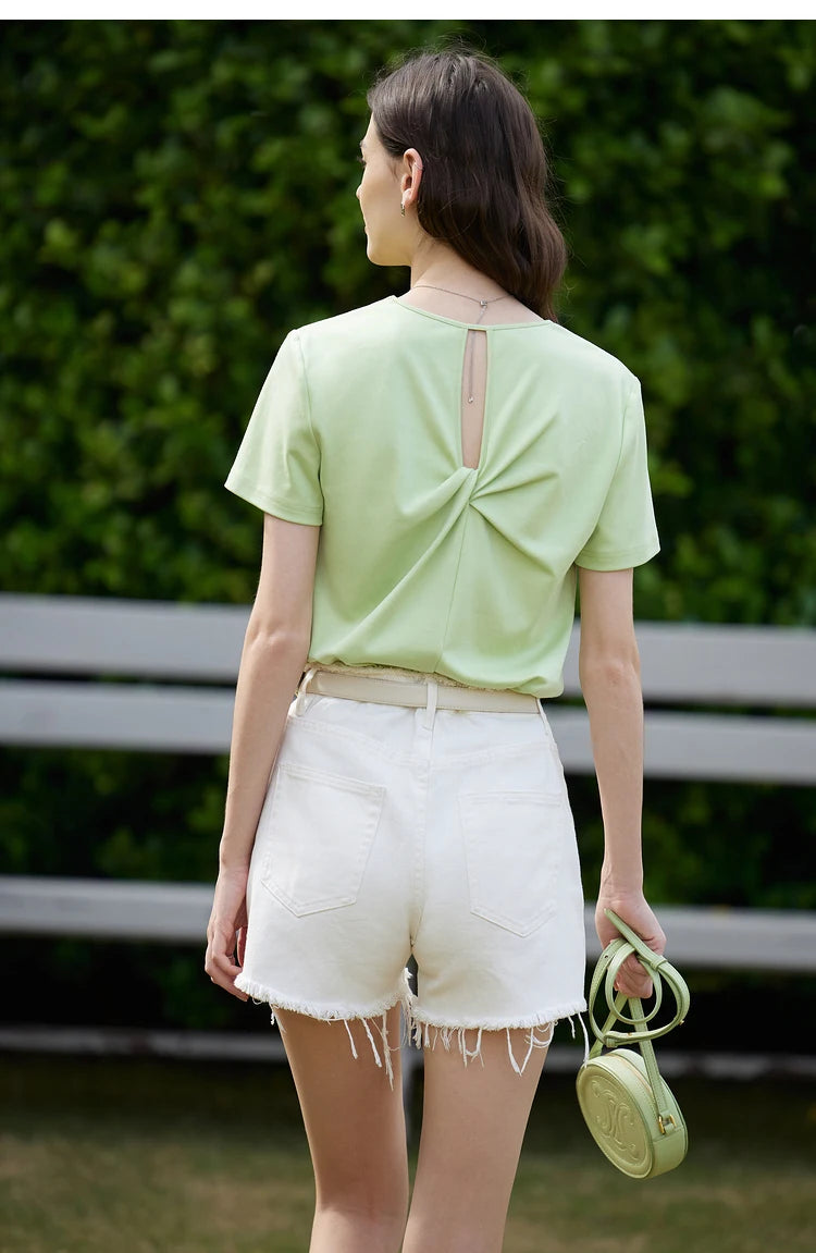 AMII Minimalism 100% Cotton Hollow Out Solid Short Sleeves Tees 2025 Spring New V Neck Top Women Casual Female T Shirt 12342289