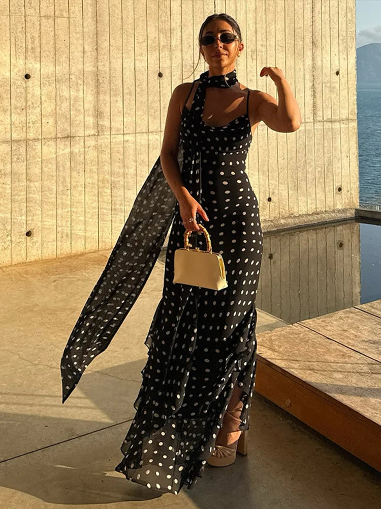 Retro Polk Dot Long Dress With Ribbon Women Sexy Low Cut Sleeveless Pleated Slim Evening Dresses Female Spring Chic Street Party