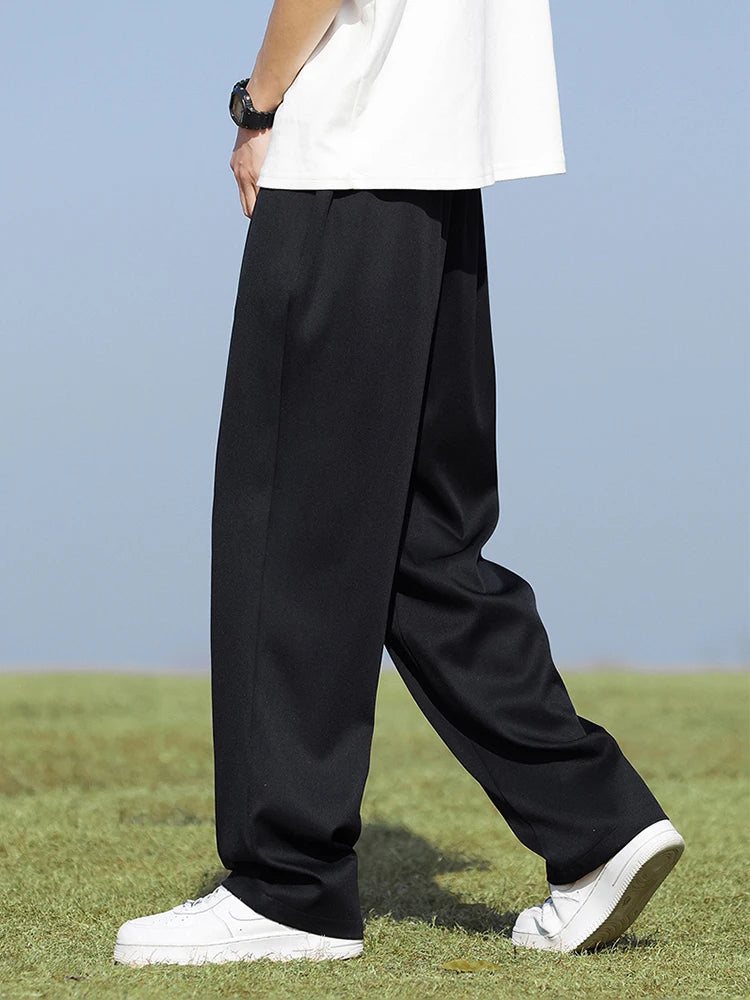 Summer Korean Men's Pants Light&Thin Polyester Elastic Waist Semi-Wide Loose Slacks Drape Suit Pants Male Casual Trousers