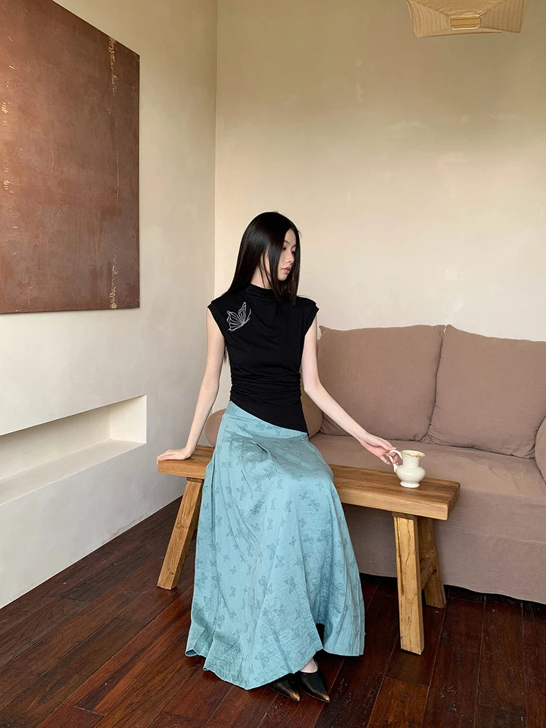 CHEERART Vintage Butterfly Sleeveless Black T Shirts Women Turtleneck Asymmetrical Top Designer Fashion Crop Top Clothing