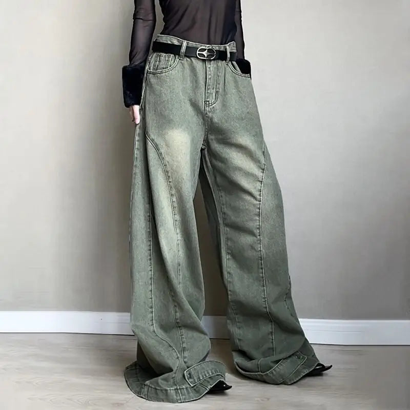 Retro Fashion Old-segmented Denim Cargo Pants Low Waist Loose American Street Harajuku Casual Jeans Women Unisex Wide-leg Pants