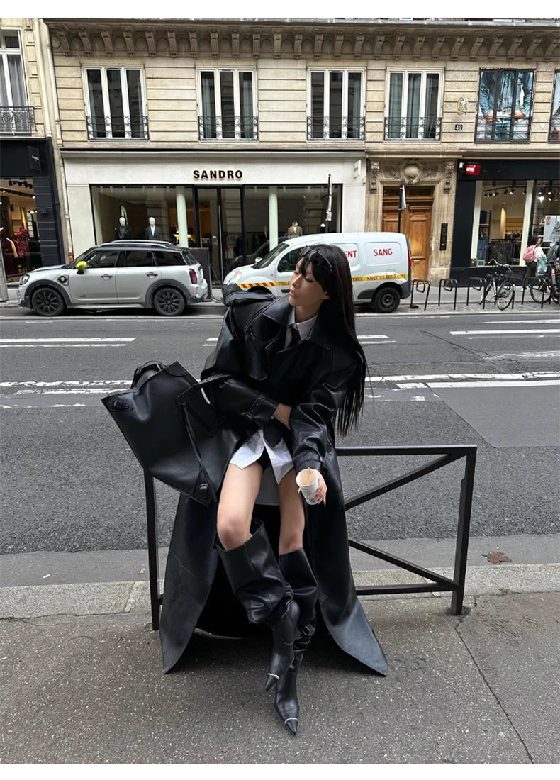 Lautaro Spring Autumn Extra Long Black Pu Leather Trench Coat for Women with Back High Slit Luxury Chic European Fashion 2024