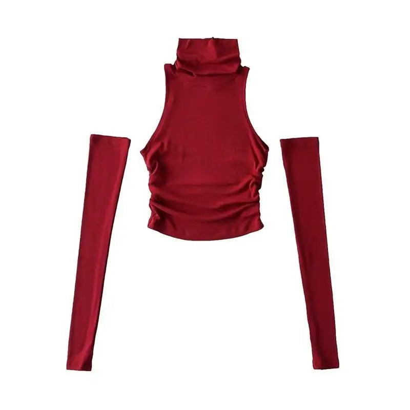 Spring Summer Top Sexy Tank Top Spicy Girl Sleeves High Neck Pleated Club Crop Top Women tshirt Skinny Streetwear Y2k Clothing