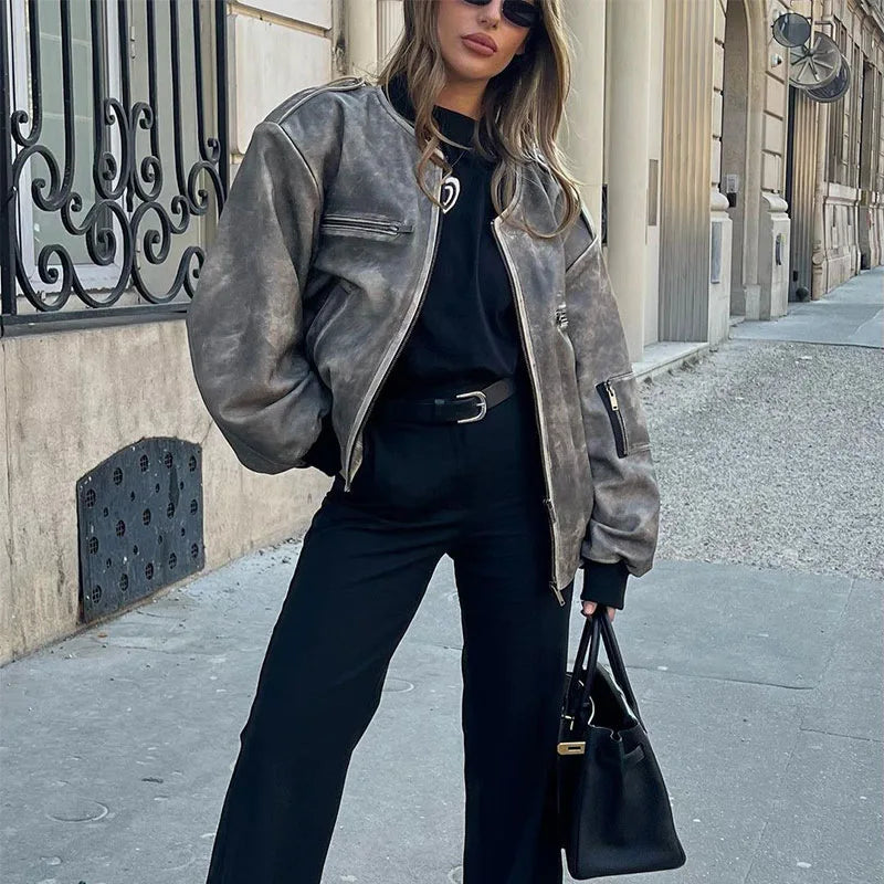 2025 Autumn Women's Leather Jacket, Personalized Street Style Women's Casual Round-neck Zipper Flight Commuting Jacket