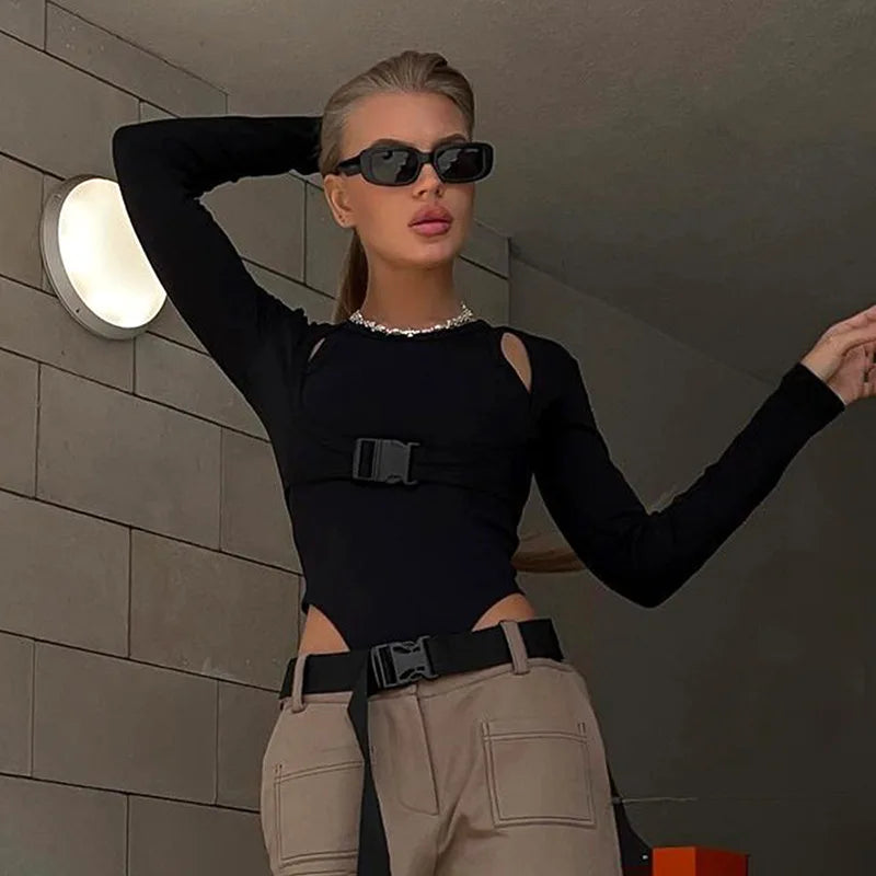 Autumn 2025 New Full Sleeves Hollow School Bags Buckle False Two Pieces Skinny Bodysuit Women Stylish Casual Versatile