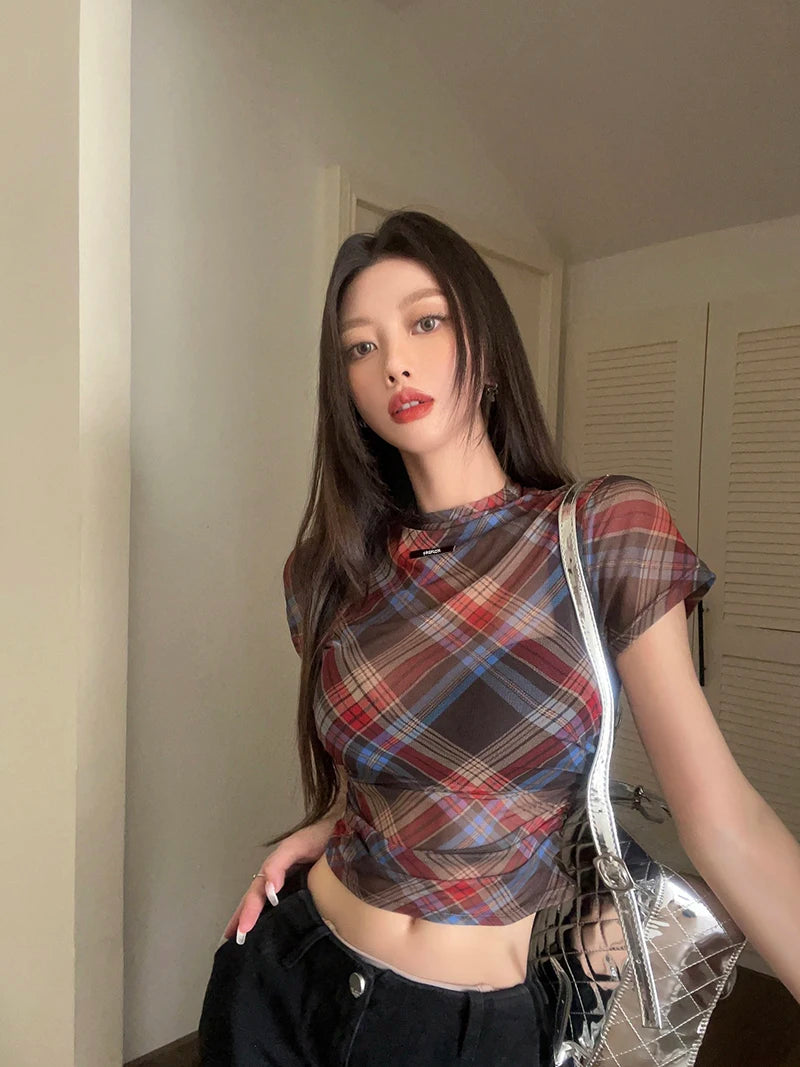 Genayooa Y2k Vintage Mesh Tops Short Sleeve See Through Plaid T Shirt Women Streetwear 2000s Japanese Fariycore Tee Tops Summer