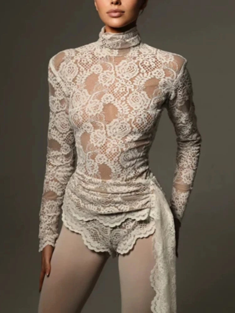 2024 New Autumn White Black Women Sexy Long Sleeve Lace Bodycon Draped Bodysuit Fashion Performance Costume Stage Wear