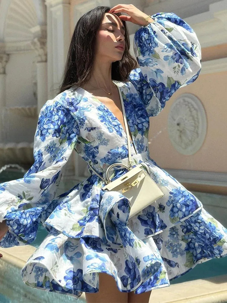 Printed Ruffled Hem Deep V-neck Puffy Dress Long Lantern Sleeve Elegant Vacation Party Short Dresses Colorful 2025 Spring Robe