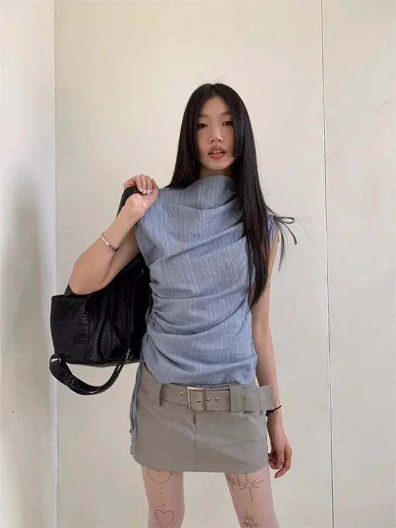 Zoki Streetwear Y2K Slim Tanks Women Shirring Vintage Casual Tops Summer Sleeveless Female Retro Half Turtleneck Harajuku Tanks