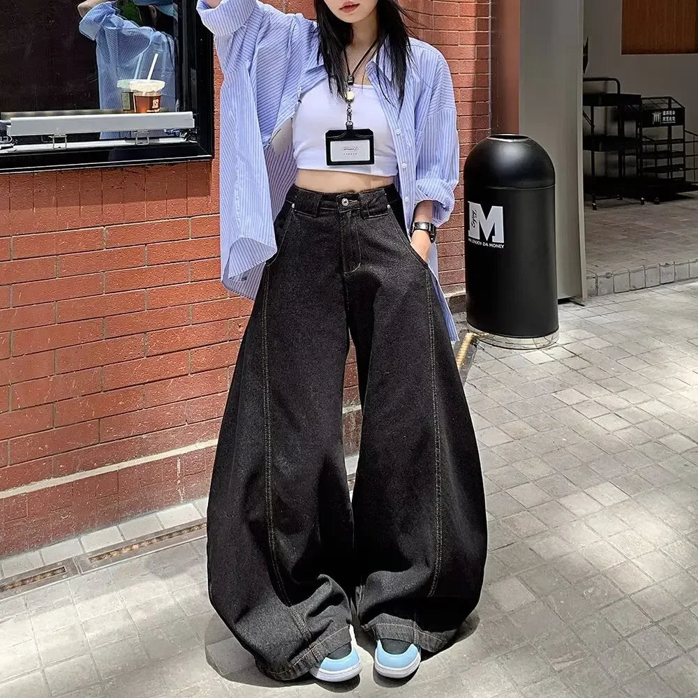 Men's Summer High Waist Straight Leg Jeans Slimming Loose Wide Leg Pants Retro Knife Edge Design Casual Fashion