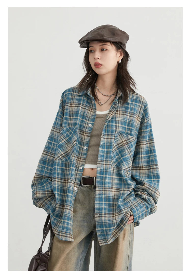 CHIC VEN Women's Cotton Shirt Single Breasted Loose New Retro Color Blocked Grid Female Blouses Autumn Spring 2024