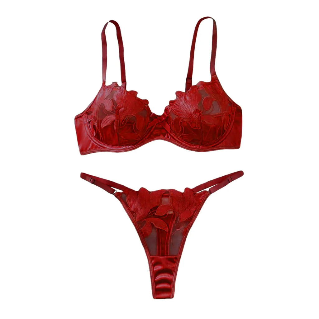 Women'S 2 Piece Lingerie Set Floral Embroidered Lace Sexy Satin Mesh Ingerie Bra And Panty Set Negligee Lingerie Sexy