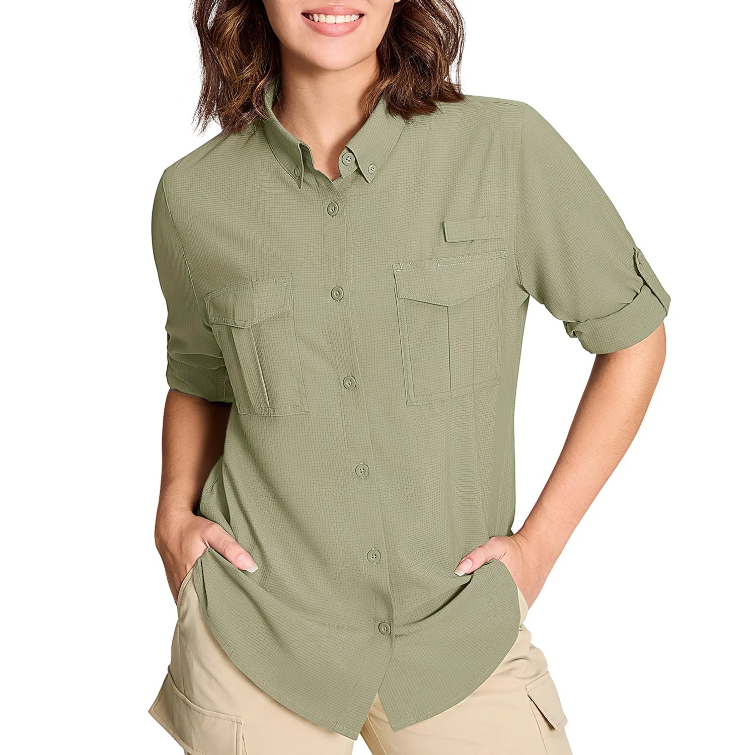 TACVASEN Womens UPF 50+ Fishing Shirts UV Block Quick Dry Long Sleeve Cargo Shirts Breathable Mesh Outdoor Trekking Hiking Shirt