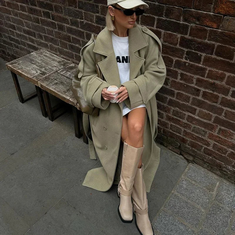 Urban Solid Double Breasted Long Women Coat Casual Full Sleeve Belt Double Breasted Female Jacket 2024 Autumn Winter Lose Lady