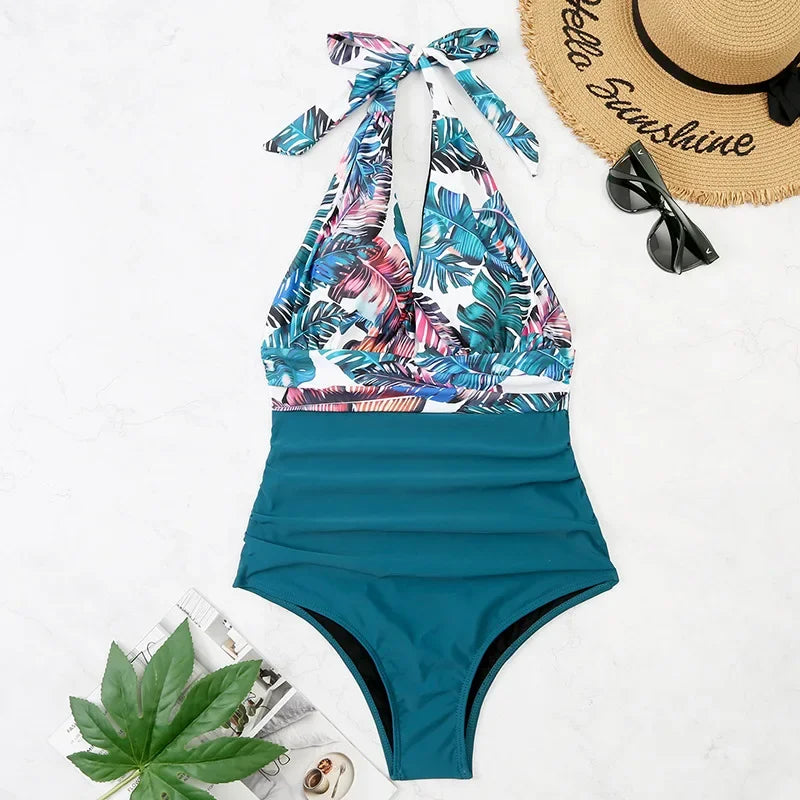 Sexy Backless Swimming Suits Swimwear One Piece Swimsuit Women Fashion Printed Bathing Suit Ladies Beachwear Lace Up Bikinis New