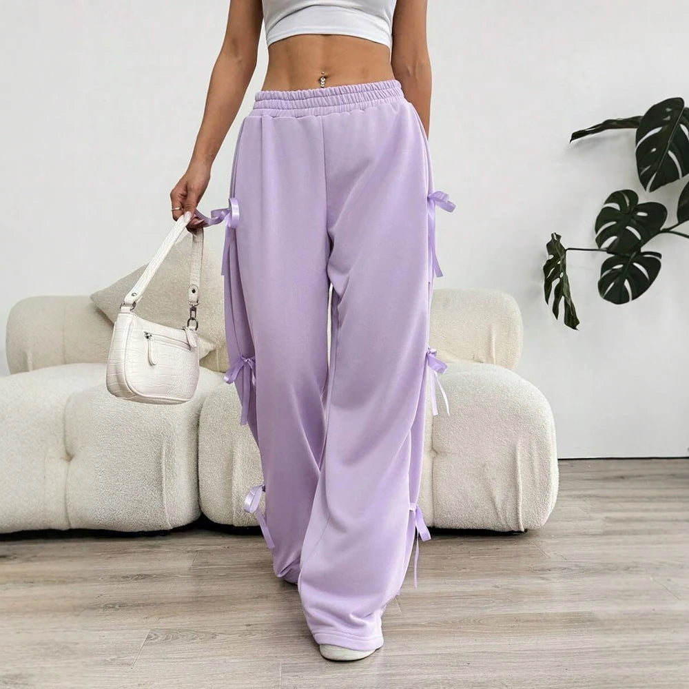Mia Muse Women's Summer Pants 2025 Sporty Plain Bowknot Full Length High Waist Wide Leg Daily Basic Pants