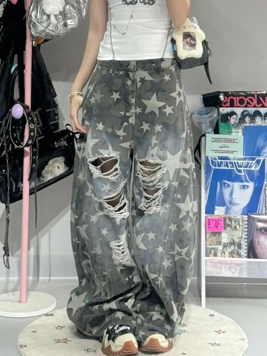 Women's Star Hole American Y2k Washed Distressed Jeans Retro Camouflage Oversized Trend Street Loose Slimming Wide Leg Pants