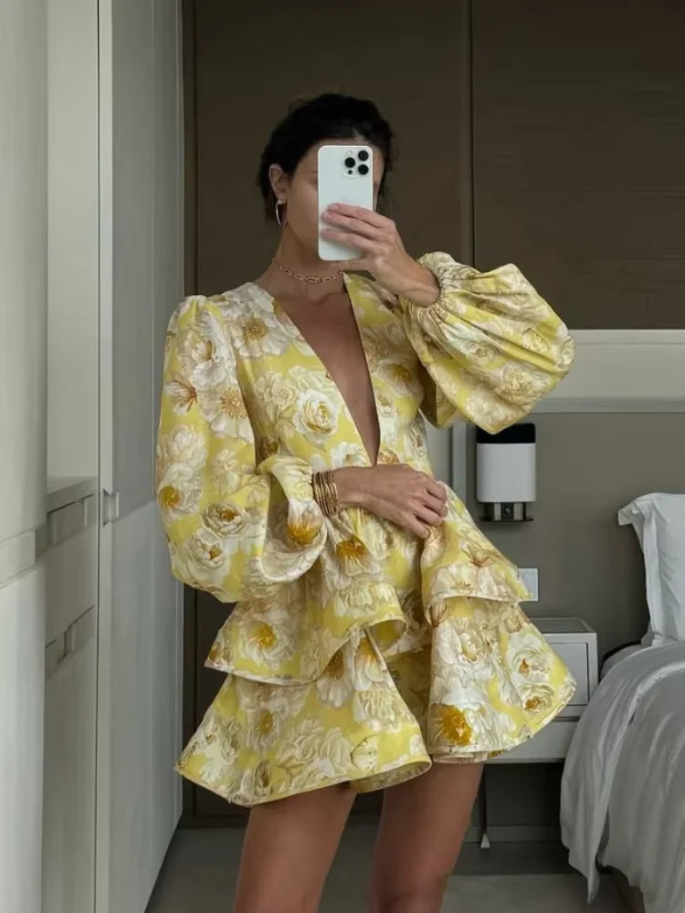 Printed Ruffled Hem Deep V-neck Puffy Dress Long Lantern Sleeve Elegant Vacation Party Short Dresses Colorful 2025 Spring Robe