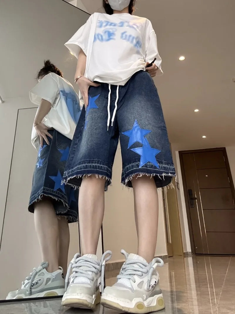 Street Trendy Brand Loose Straight Cropped Pants Women American Retro Star Embroidered Denim Shorts Hip Hop Dance Clothing Men