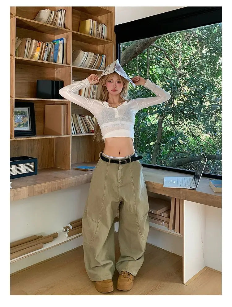 HOUZHOU Y2K Vintage Wash Women Cargo Jeans Harajuku Scimitar Wide Leg American Retro Denim Pants Baggy Trousers Gyaru Streetwear