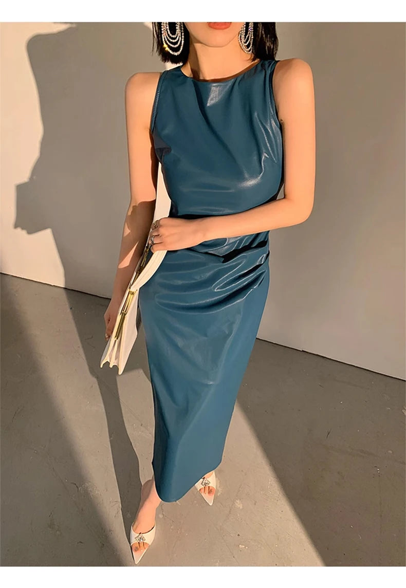 Lautaro Spring Autumn Sleeveless Backless Black Stretchy Blue Soft Faux Leather Midi Tank Dress Women Slim Fit Long Dresses 2023