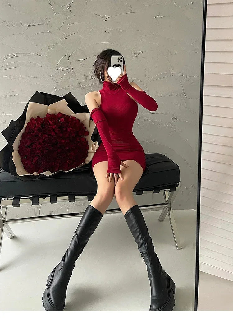 Spring Sexy High Collar Dress Spicy Sweet Tight Pure Desire Style Halter Wrap Hip Dress Women