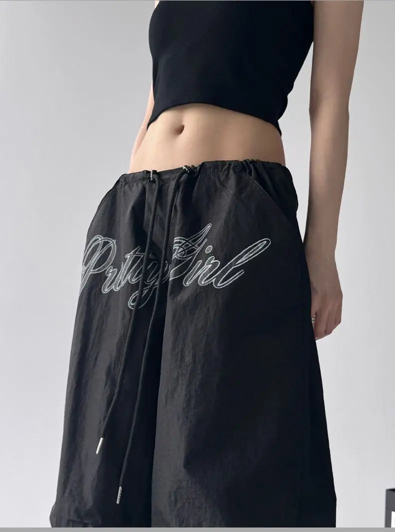 American retro black printed Spice Girls Street Dance Scimitar Pants Women's Loose Design Splicing Summer New Wide Leg Pants