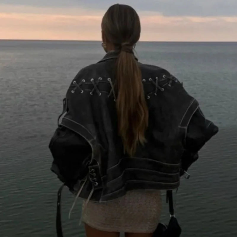 TARUXY Retro Braid Leather Jacket Coat For Women Lace Up Splice Motorcycle Style Short Jackets Long Sleeve Slim Streetwear Coat