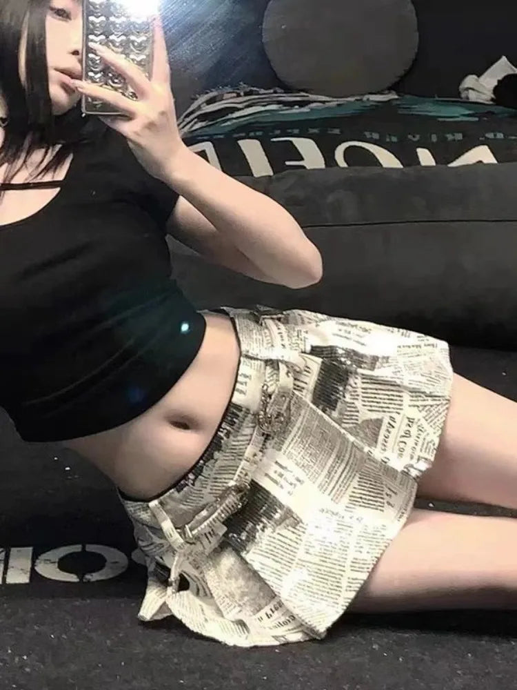 Newspaper Printed All-match Skirt for Women Y2k High Waist Ruched Faldas Mujer 2025 Early Autumn New A-line Skirts