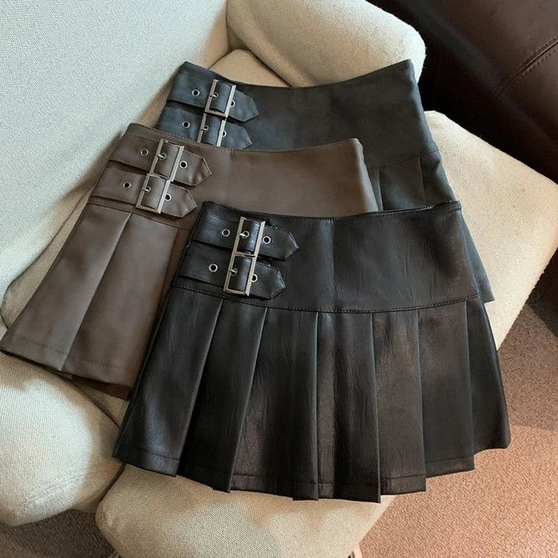 MEXZT S-3XL Y2K Pu Leather Mini Skirts Women Streetwear High Waist Pleated Skirt Vintage Korean Black Slim Casual A Line Skirts