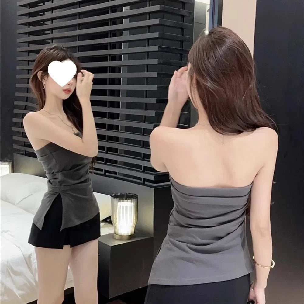 Sexy Open-Back Strapless Sleeveless T-Shirt Women's Spring Autumn Slimming Grey Top Cropped Outer Wear Base Wrap Chest