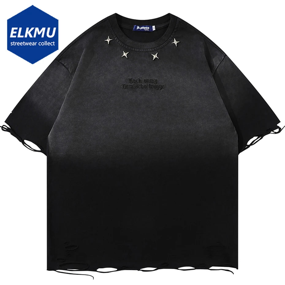 Distressed Ripped T Shirts Metal Star Tee Emrboidery Vintage Loose Tshirt 2025 Men Harajuku Streetwear Oversized Hip Hop T-shirt
